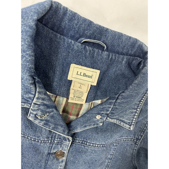 Vtg LL Bean Women's Denim Jacket Plaid Lined Shacket Blue Button Up Large 0 YR85 - Picture 3 of 9